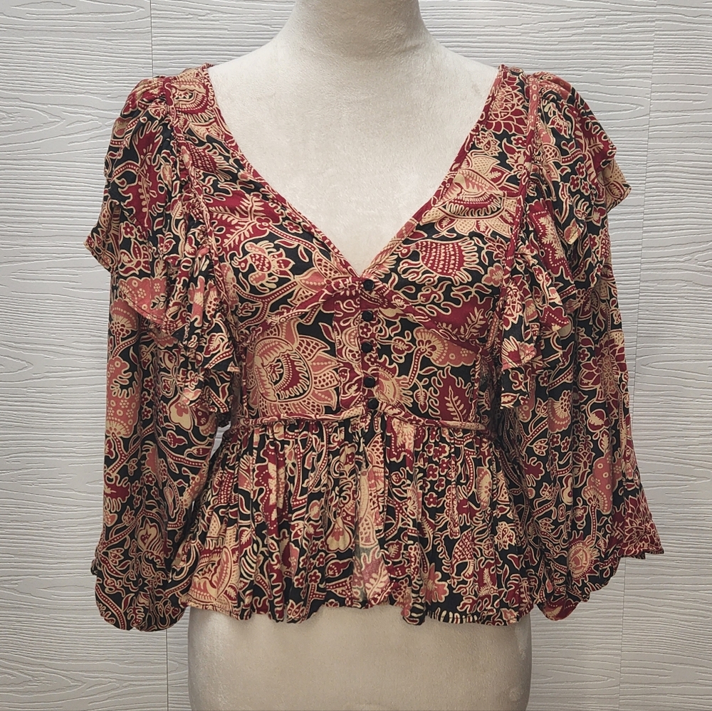 House Of Harlow 1960 Jaipur Print Boho Floral Ruffle Blouse Size XS